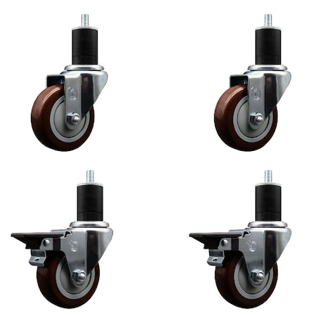 Service Caster 3.5'' Maroon Poly Wheel Swivel 1-3/4'' Expanding Stem Caster Set 2 Brakes, 4PK SCC-EX20S3514-PPUB-MRN-2-PLB-2-134